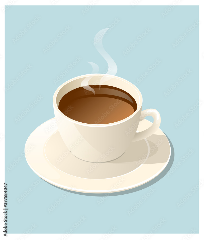 Obraz premium a cup of hot coffee on a saucer. 3D illustration over blue background. 