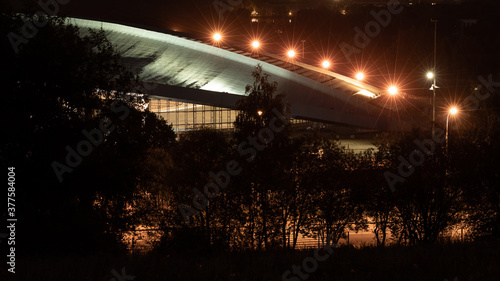 Night view of the Moscow business center from the Krylatskie Hills park. Night view of the stadium and the center of Moscow. Moscow City. photo