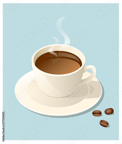 a cup of hot coffee on a saucer. 3D illustration over blue background. Coffee beans next to it