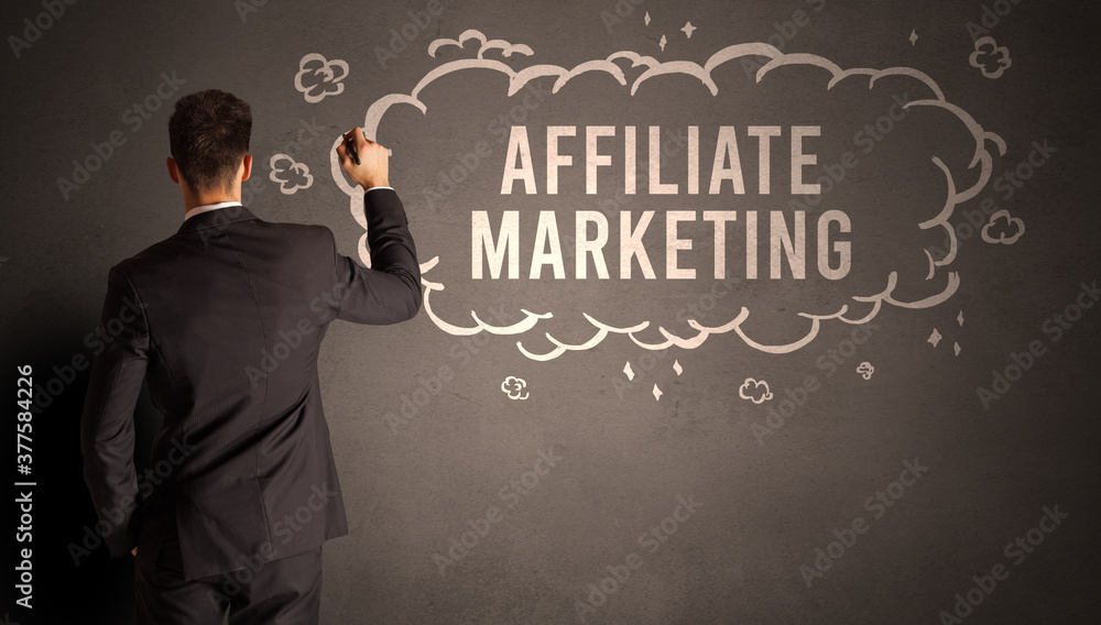 businessman drawing a cloud with AFFILIATE MARKETING inscription inside, modern business concept businessman drawing a cloud with AFFILIATE MARKETING inscription inside, modern business concept