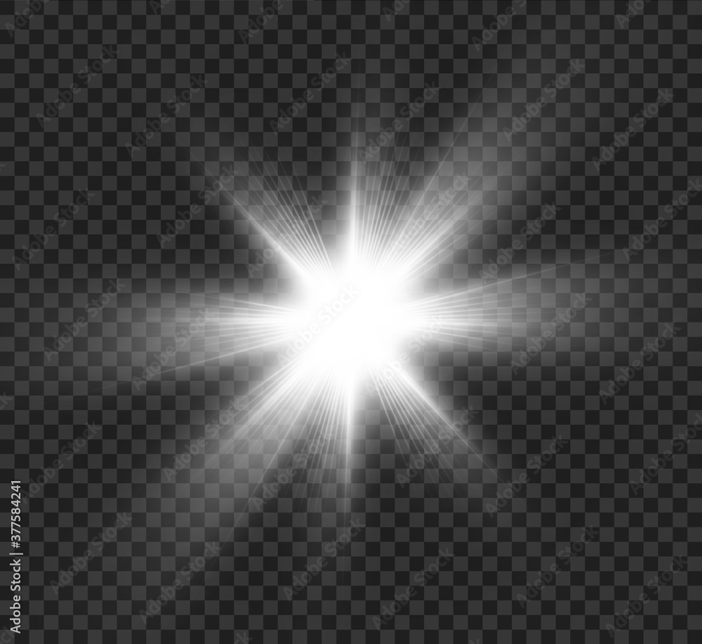 White glowing light explodes on a transparent background. Bright Star. Transparent shining sun, bright flash. Vector graphics.	
