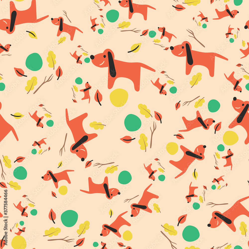 Dogs playing in a park seamless vector pattern. Happy autumn season surface print design for fabrics, stationery, scrapbook paper, gift wrap, textiles, and packaging. Dogs playing in a park seamless vector pattern. Happy autumn season surface print design for fabrics, stationery, scrapbook paper, gift wrap, textiles, and packaging.