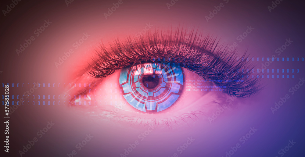 Close-up biometric scan of a female eye. The concept of modern virtual reality. Neon light, cyber background.