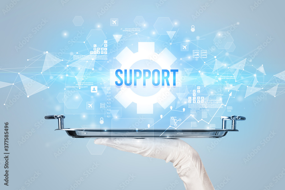 Waiter serving new technology concept with SUPPORT inscription Waiter serving new technology concept with SUPPORT inscription