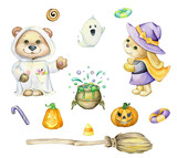 A bear in a Ghost costume, a Rabbit in a witch costume, a cauldron of potions, a broom and sweets. Watercolor set, on isolated background, Halloween party.