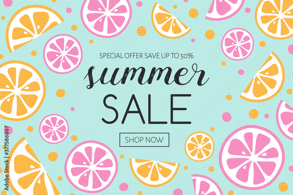 Concept of Summer Sale poster with juicy fruits. Vector
