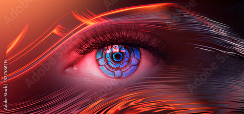 Close-up biometric scan of a female eye. The concept of modern virtual reality. Neon light, abstract cyber background. 3D illustration.