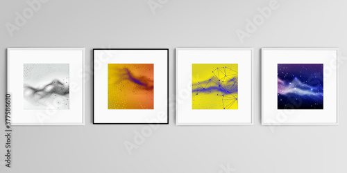 Realistic vector set of square picture frames isolated on gray background. Colorful wavy particle surface background for technology or science cyber space concept.