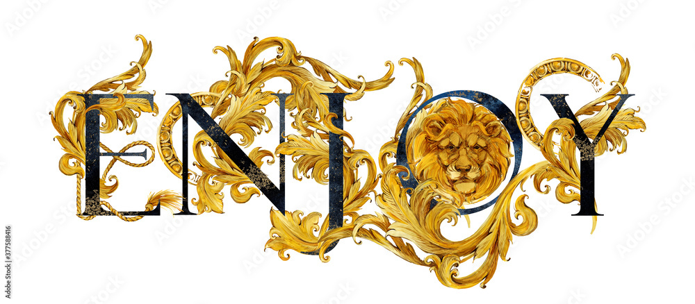 Enjoy word hand drawn lettering. vintage gold damask curl script. love ...