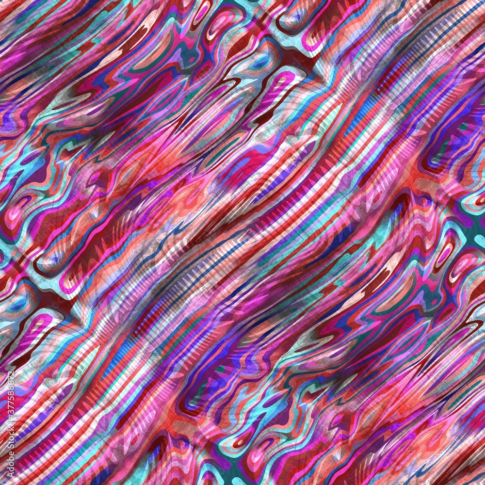 Naklejka premium Vivid wavy warped digital bright seamless pattern. High quality illustration. Wrinkled and rippled vivid brilliant colors refracted into a rich but bizarre seamless design.