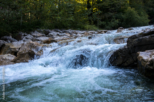 renewable energy  barrage of a wild river  flowing water with a bed of gravel stones  framed  by green trees