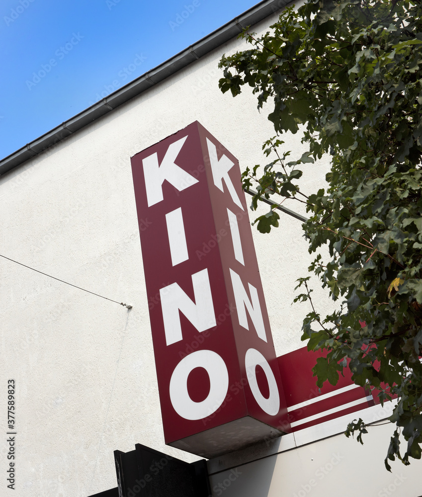 City of Lingen Germany. Lower Saxony. Sign of a cinema. Kino neon light. City of Lingen Germany. Lower Saxony. Sign of a cinema. Kino neon light.