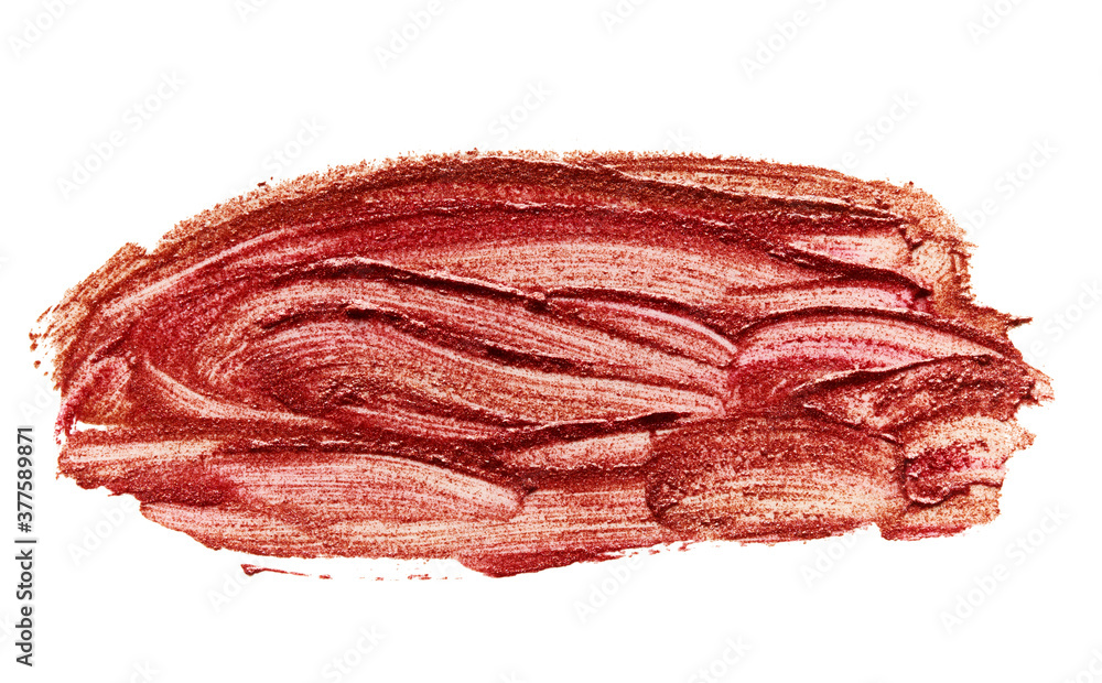 Obraz premium swatch of red-brown lipstick with glitters, smear isolated on white background