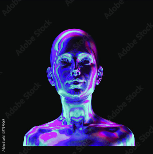 Artificial human made in pixel art style. Retrofuturistic cyberpunk aesthetics.