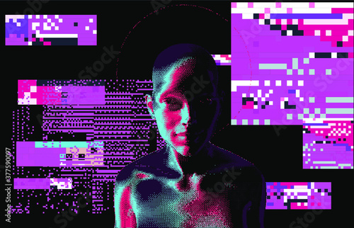 Artificial human on glitched background. Pixel art illustration.