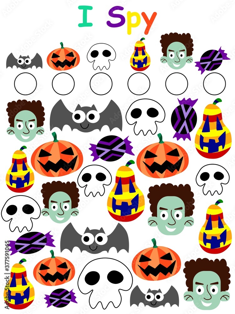 Halloween I spy game for kids stock vector illustration. Counting all objects on worksheet - bats, pumpkins, skulls, monsters and candies. Halloween october holiday visual game for children. Halloween I spy game for kids stock vector illustration. Counting all objects on worksheet - bats, pumpkins, skulls, monsters and candies. Halloween october holiday visual game for children.