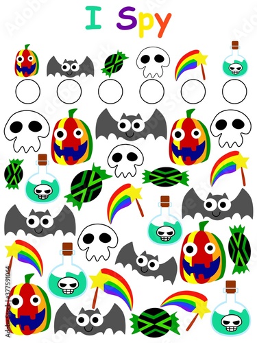Wallpaper Mural Halloween I spy how many game for kids stock vector illustration. Find and count all objects - pumpkins, bats, candies, skulls, wands and potions. Vertical counting visual game printable for  children Torontodigital.ca