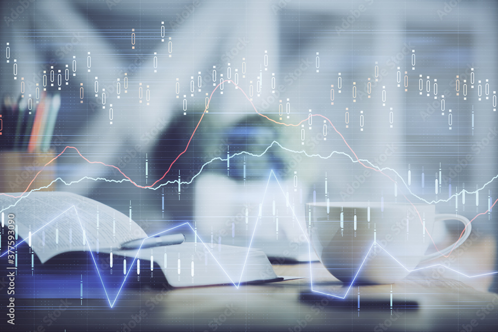 Multi exposure of forex graph drawing and desktop with coffee and items on table background. Concept of financial market trading Multi exposure of forex graph drawing and desktop with coffee and items on table background. Concept of financial market trading