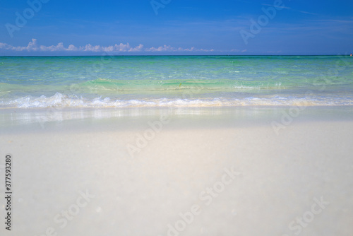 Beautiful seascape panorama. Paradise beach. Daylight landscape viewpoint for design postcard.