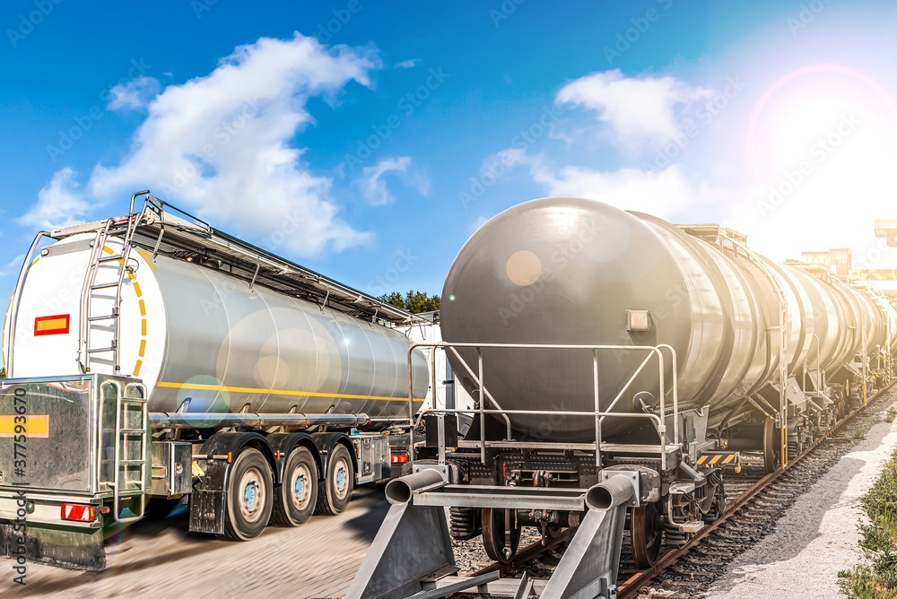 Big fuel gas tanker . Transportation oil tanks by rail . carriage of liquid goods by wagons