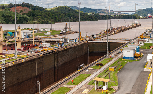 Low water in one of Miraflores Locks, City of Knowledge, Panama.