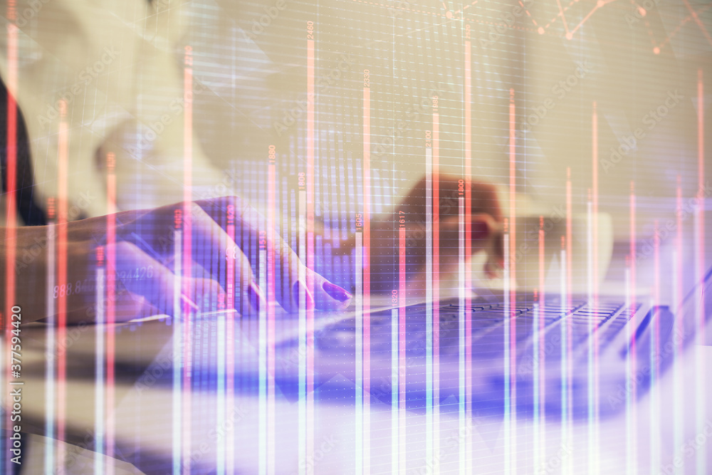 Multi exposure of woman hands typing on computer and financial graph hologram drawing. Stock market analysis concept. Multi exposure of woman hands typing on computer and financial graph hologram drawing. Stock market analysis concept.
