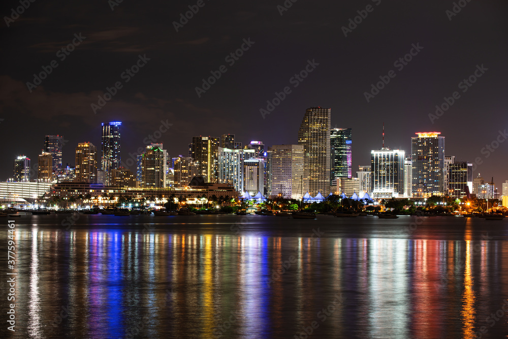 Miami, Florida, USA skyline on Biscayne Bay, city night backgrounds. Miami skyline panorama with urban skyscrapers.