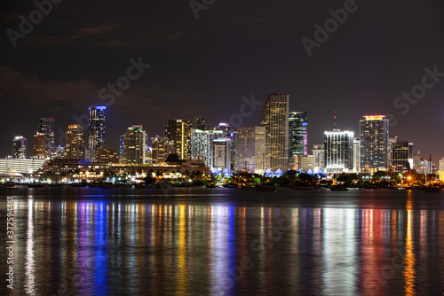 Miami  Florida  USA skyline on Biscayne Bay  city night backgrounds. Miami skyline panorama with urban skyscrapers.