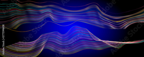 Lines neon on blue background bright multicolored space geometric banner music neon gradients colorful of abstract