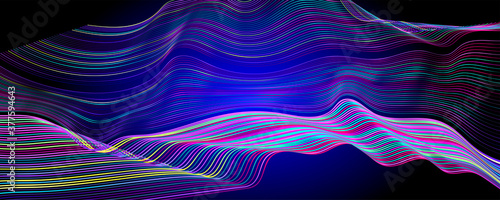 Lines neon on blue background bright multicolored space geometric banner music neon gradients colorful of abstract