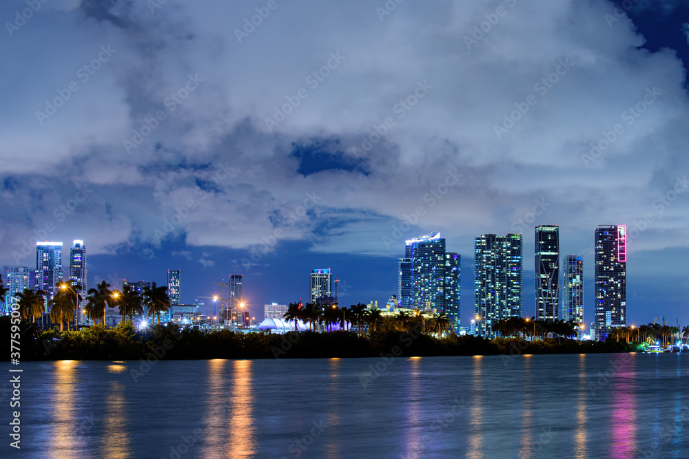 Beautiful Miami Florida skyline at sunset. Miami downtown.
