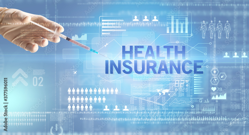 Close-up view of doctor's hand in a white glove holding syringe with HEALTH INSURANCE inscription, healthcare and medical concept Close-up view of doctor's hand in a white glove holding syringe with HEALTH INSURANCE inscription, healthcare and medical concept