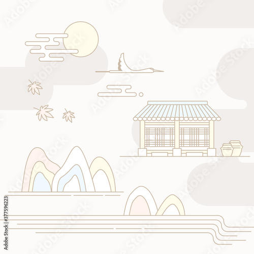 Korean traditional vector illustration with an old house.