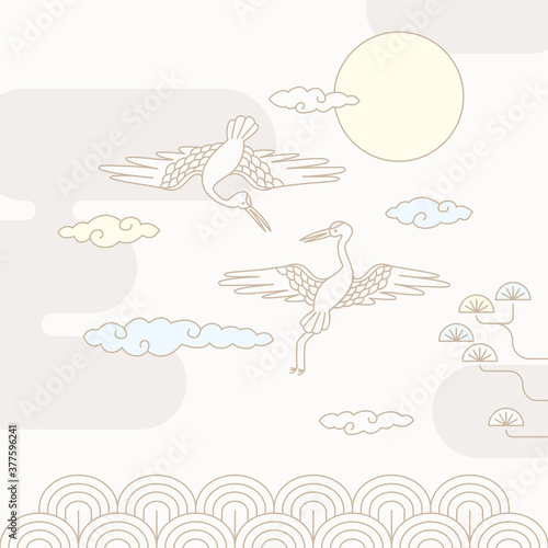 Korean traditional vector illustration with full moon and red-crowned crane.