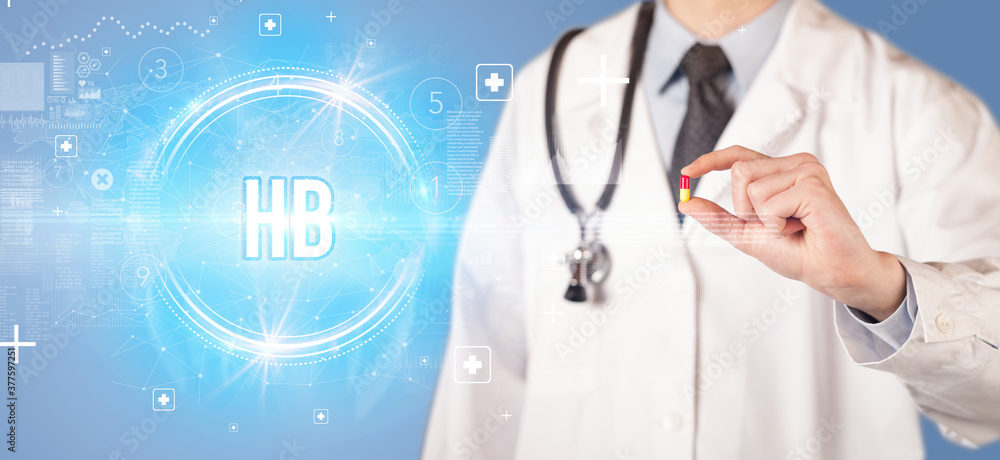 Close-up of a doctor giving you a pill with HB abbreviation, virology concept Close-up of a doctor giving you a pill with HB abbreviation, virology concept