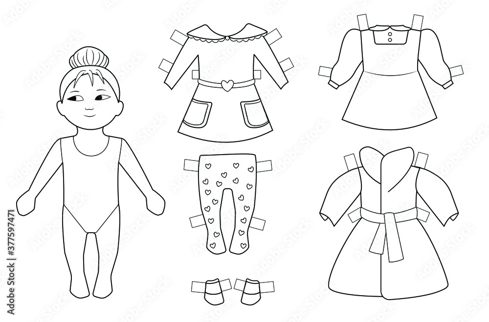 Vector set: paper doll and collection of vintage outfits, dress up ...