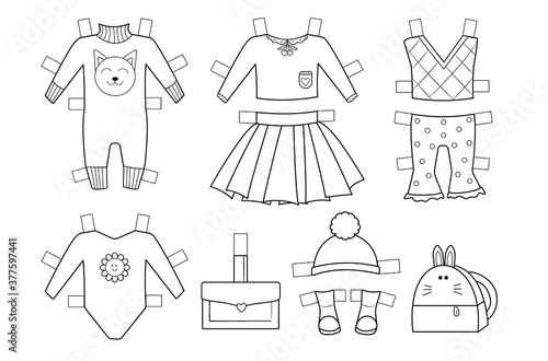 Cute clothes for paper doll. Black and white vector set, dress up template for coloring. Educational and creativity toy for children