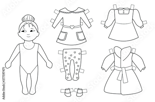 Vector set: paper doll and collection of vintage outfits, dress up template for coloring. Educational and creativity toy. 