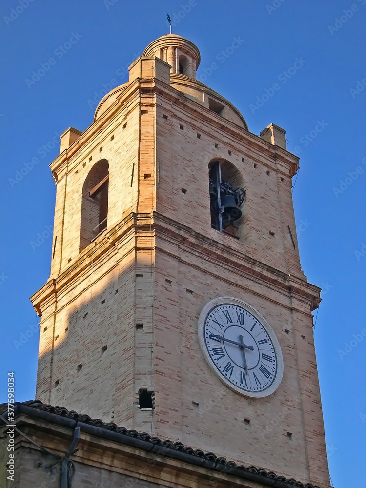 Italy, Marche, Porto San Giorgio, massive clock tower in saint George square.