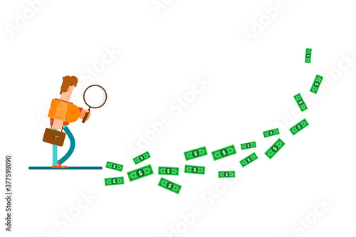 Searching for the profit. Illustration of a businessman looking at banknotes through magnifying glass. Business concept illustration
