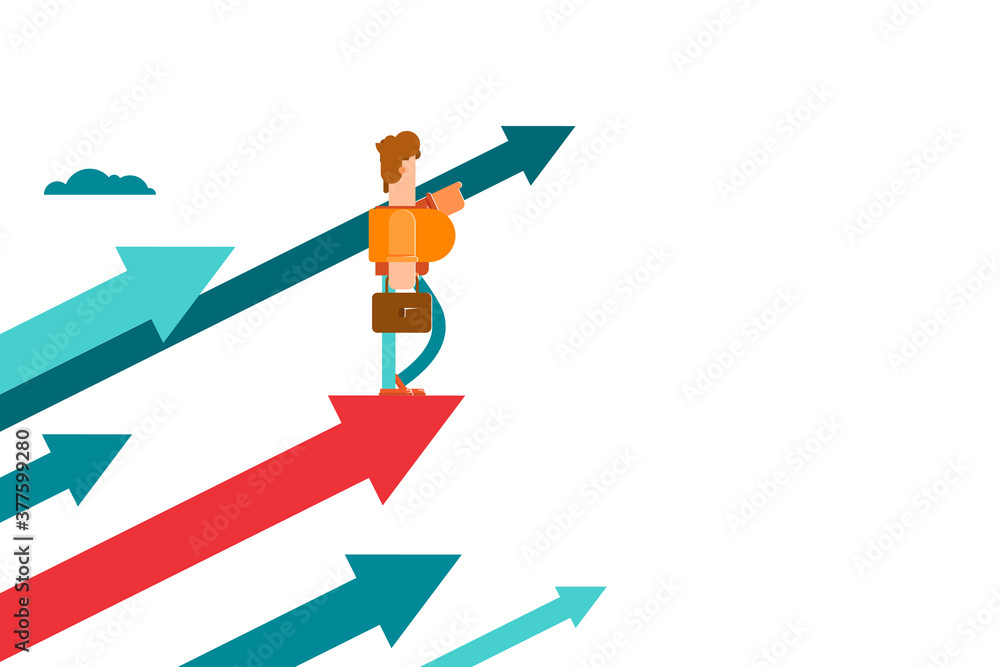 Movement towards success. The business man is moving forward. Illustration of the business man on the arrow Movement towards success. The business man is moving forward. Illustration of the business man on the arrow