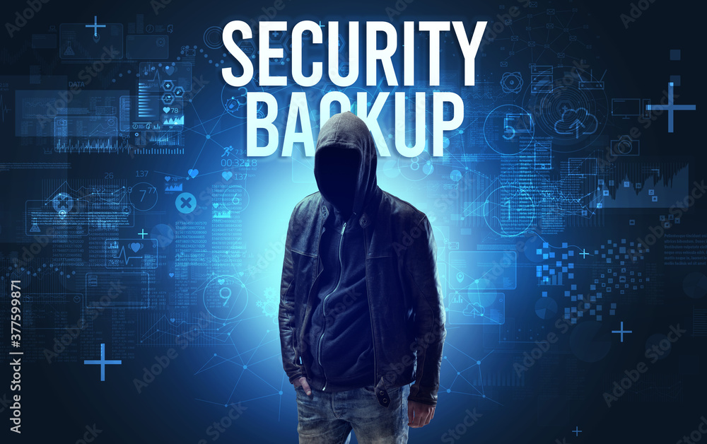 Faceless man with SECURITY BACKUP inscription, online security concept Faceless man with SECURITY BACKUP inscription, online security concept