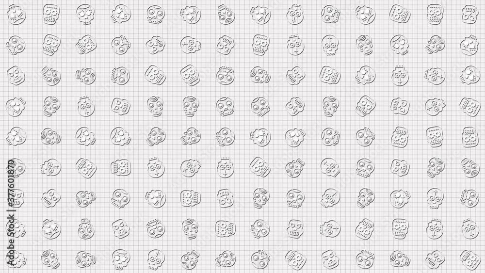 human skull icon animation loop. Seamless pattern background. small human skull icons rotate slowly on grid. white backdrop. human skull icon animation loop. Seamless pattern background. small human skull icons rotate slowly on grid. white backdrop.