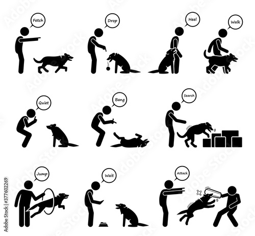 Advanced dog commands and behavioral training icons set. Vector illustrations of a person giving hand signals for the dog to follow in obedient learning.