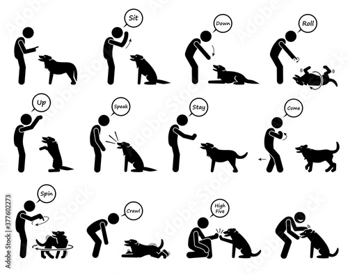 Basic dog commands and behavioral training icons set. Vector illustrations of a person giving hand signals for the dog to follow in obedient learning.