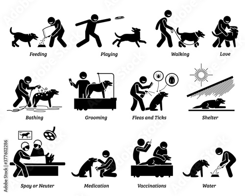 Dog care icons set. Vector illustrations of how to take care of a pet dog by giving food, shelter, love, and health needs.
