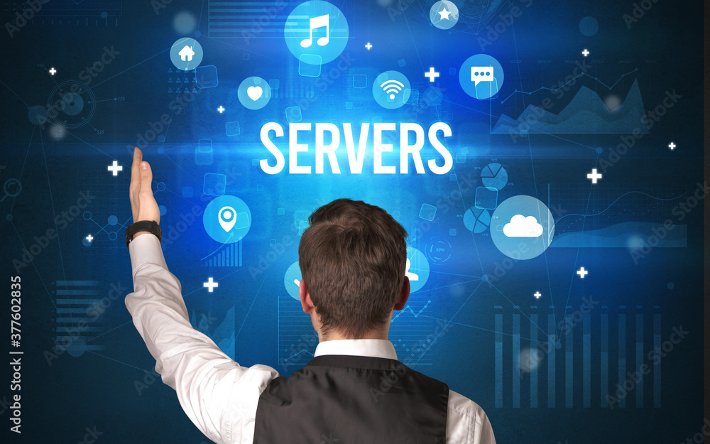 Rear view of a businessman with SERVERS inscription, modern technology concept Rear view of a businessman with SERVERS inscription, modern technology concept
