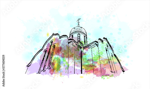 Building view with landmark of Balashikha is a city in Moscow Oblast, Russia, located on the Pekhorka River 1 kilometer east of the Moscow. Watercolor splash hand drawn sketch illustration in vector.