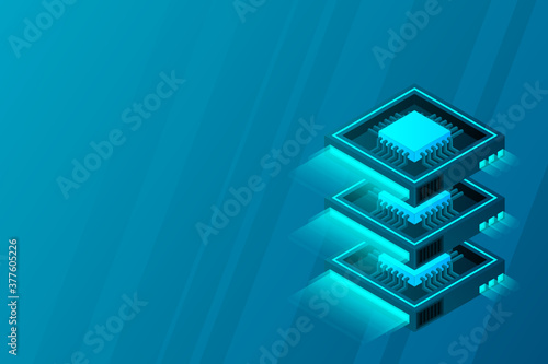 Quantum computer, large data processing, server room, data base concept, the microprocessor isometric vector