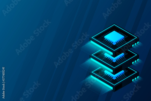 Quantum computer, large data processing, server room, data base concept, the microprocessor isometric vector